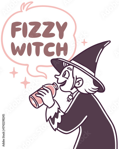 T-shirt Witch Drinking Soda Fizzy Witch Bubble Style Cartoon
