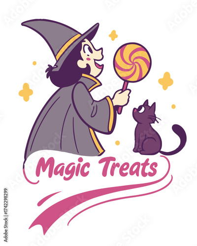 T-shirt Witch With Cat And Candy Magic Treats Fun Cartoon