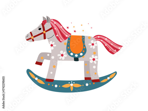 Rocking horse, colorful toy. Children's game, rocking horse icon. Symbol of the year. Vintage wooden toy concept. Isolated background.
