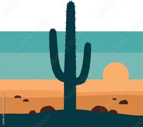 Desert Landscape Silhouette with Saguaro Cactus and Sun