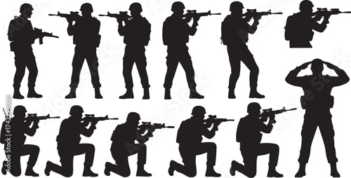 Silhouette soldiers combat poses set