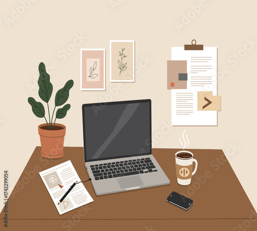 A welllit workspace featuring a laptop, lamp, coffee mug, and documents arranged on a wooden desk, creating a productive and inviting atmosphere