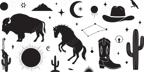Western boho elements silhouette collection