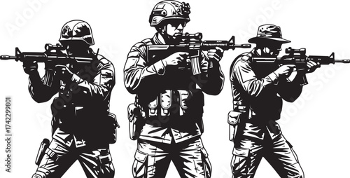 Three soldiers aiming rifles ready