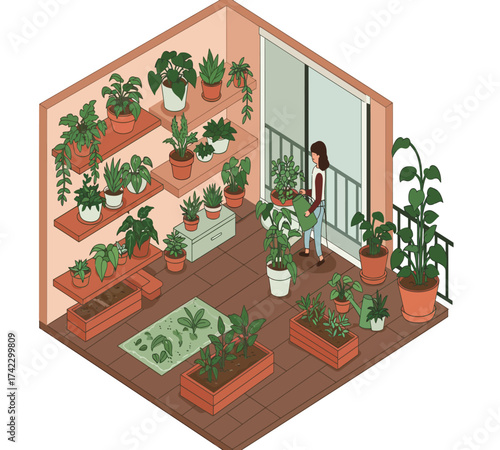 Isometric indoor garden with a person tending to plants on shelves and in pots, creating a lush and green environment within a cozy and stylish space