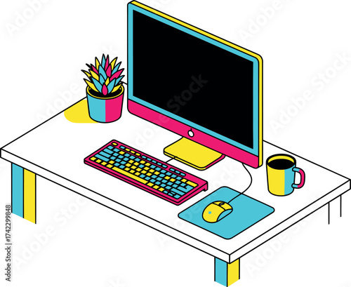 Retro Computer Setup: Desk, Keyboard, Mouse, Plant, Mug