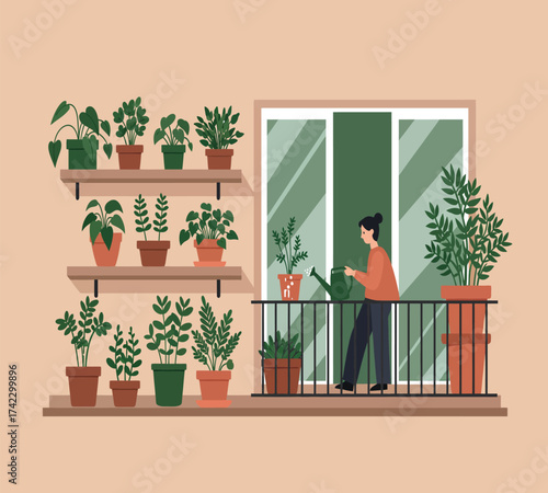 Person watering potted plants on a balcony with shelves, creating a green and relaxing urban oasis with a view through the window, isolated on white background