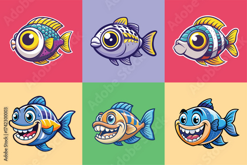 A collection of six colorful and expressive cartoon fish characters, each with a unique design and personality.