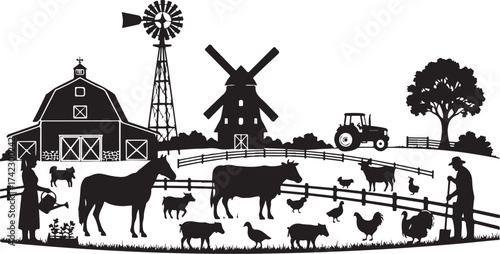 Farm silhouette scene with animals and buildings