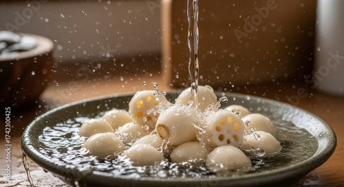 Freshly harvested lotus rootlets being rinsed with clean water in a rustic ceramic plate