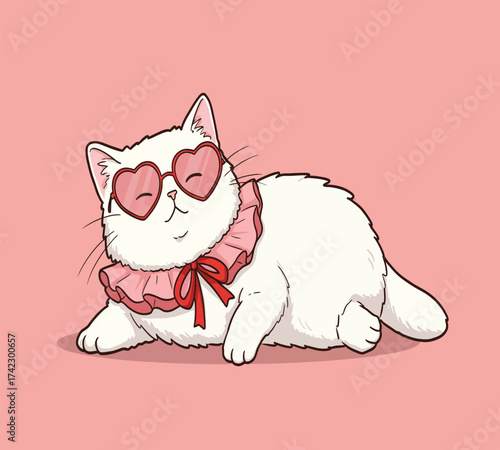 A white cat with heartshaped sunglasses and a pink ruffle collar is lying on its back, radiating charm and whimsy on a pink background