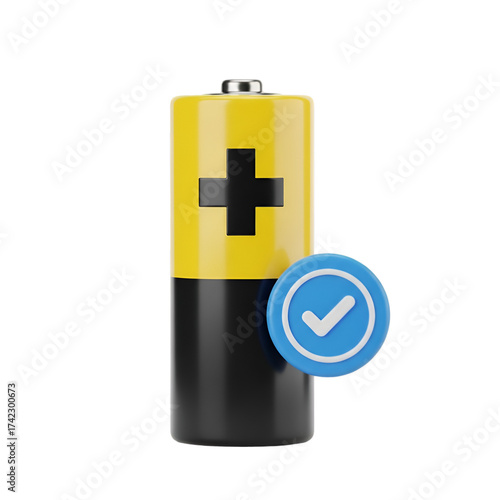 3d illustration of a fully charged battery with a checkmark icon isolated on transparent background