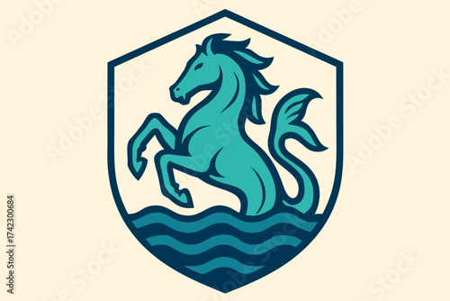 Teal Seahorse Crest Design with Tail and Mane in Shield Shape.