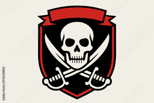 Pirate Skull and Crossed Swords Emblem with Red Banner on Black Shield.