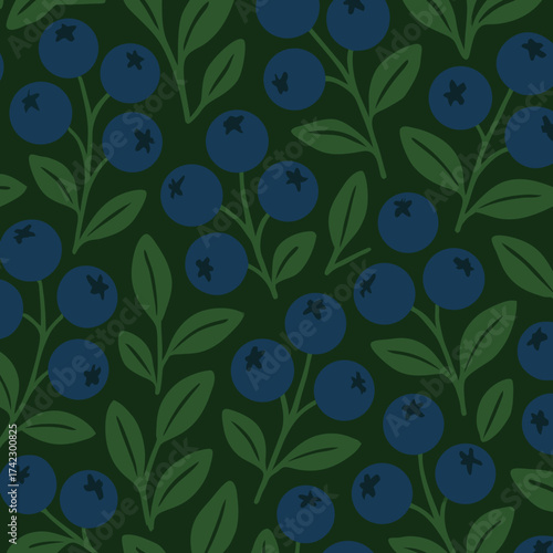 Seamless pattern of stylized blue blueberries and green leaves on branches A flat graphic botanical illustration with ripe round berries.