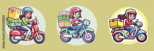 Three illustrations of delivery persons on scooters, each carrying packages, set against a yellow-green background.