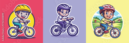 A set of three cute cartoon illustrations of young boys wearing helmets while happily riding their bicycles.