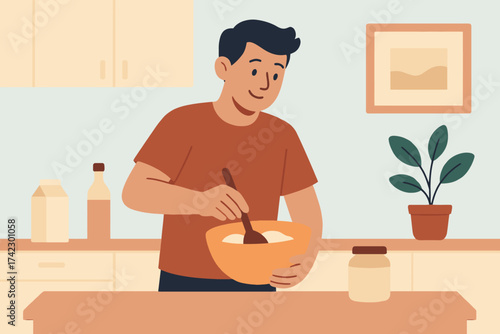 A young man stirs ingredients with a spoon in a bowl on a kitchen counter, illustrating cooking and food preparation at home.