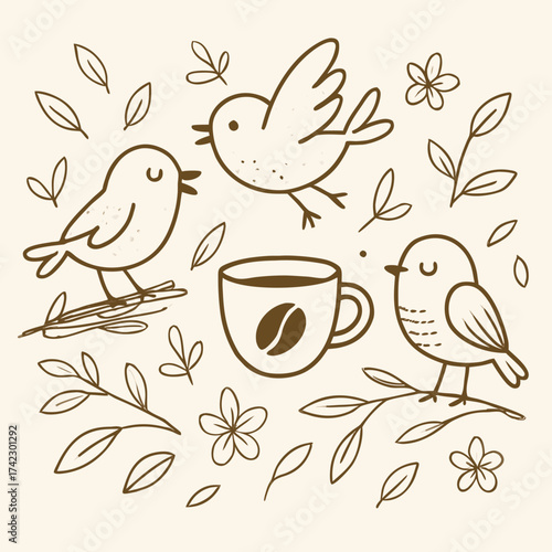 Charming hand-drawn outline illustration of singing birds flying bird coffee cup and scattered leaves.