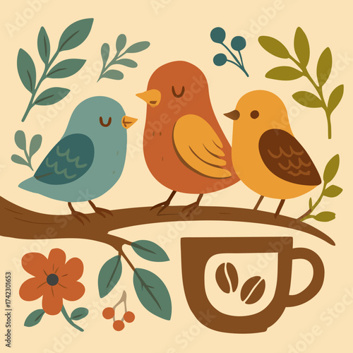 Three Stylized Birds Perched on a Branch with Coffee Cup and Floral Elements.