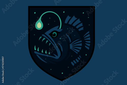 Fierce Red Anglerfish with Glowing Lure in Dark Shield Design.