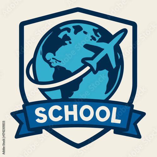 Blue shield emblem for a travel school featuring a globe with an orbiting airplane and a ribbon.