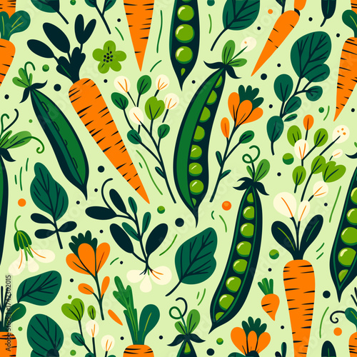 Vibrant seamless pattern of stylized carrots green pea pods and colorful garden flowers.