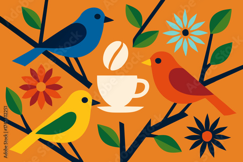 Three Stylized Birds Perched Near Coffee Cup and Flowers.