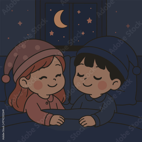 Cute couple sleeping illustration night time bedtime story cartoon children's book art vector design
