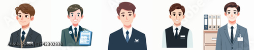Illustrations of dedicated young male professionals embodying various corporate roles and business personas, ready for success in their careers and modern office environments