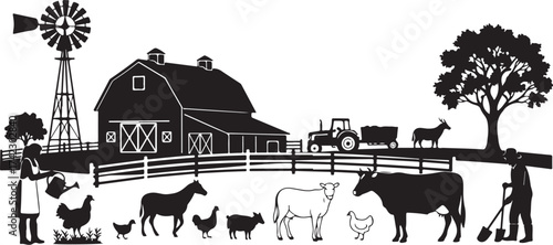 Farm silhouette with animals and barn