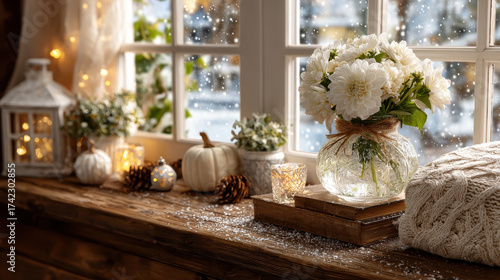 Cozy winter scene with wooden windowsill adorned with white flowers in glass vase, small pumpkins, pinecones, and knitted sweater. Snow gently falls outside, enhancing warm ambiance