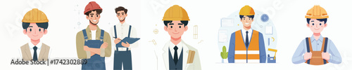 Dedicated and skilled professional cartoon male characters, including construction workers and engineers, ready for industrial and building projects, symbolizing teamwork and expertise