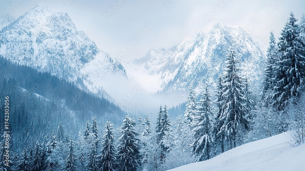 Fototapeta premium Serene winter landscape featuring snow-covered mountains and evergreen trees, creating a tranquil and picturesque scene.