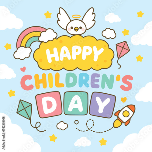 Happy children's day illustration with cute elements for greeting card and social media post design