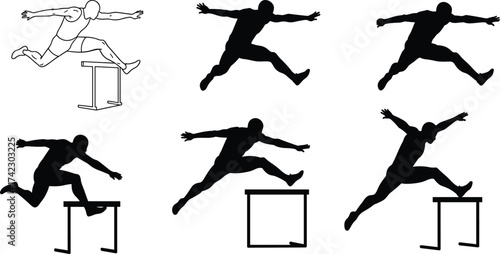 Hurdle jump biomechanics, athlete silhouette sequence, muscle anatomy illustration, sports training motion, sprint technique, fitness agility, track and field pose