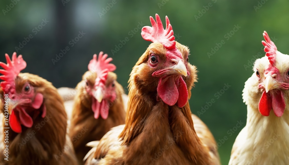 Fototapeta premium Four chickens with distinct colors gather closely, showcasing their vivid red combs and wattles. The setting is simple and focuses on the birds' features and personalities.