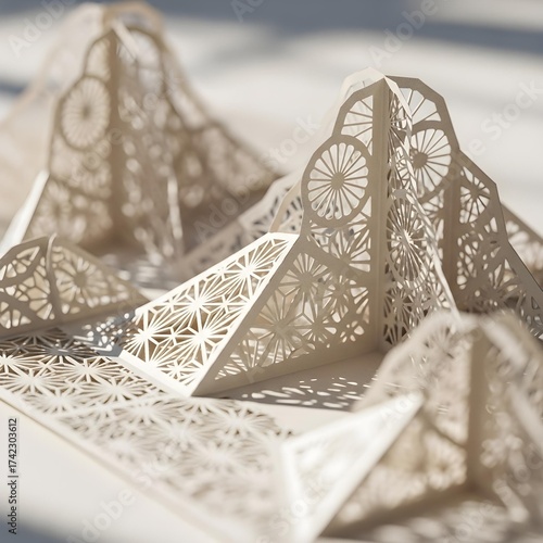 Intricate Macro Journey Through Delicate Kirigami: A Minimalist Exploration of Exquisitely Textured, Upscale Paper Cuts Bathed in Soft Natural Light.