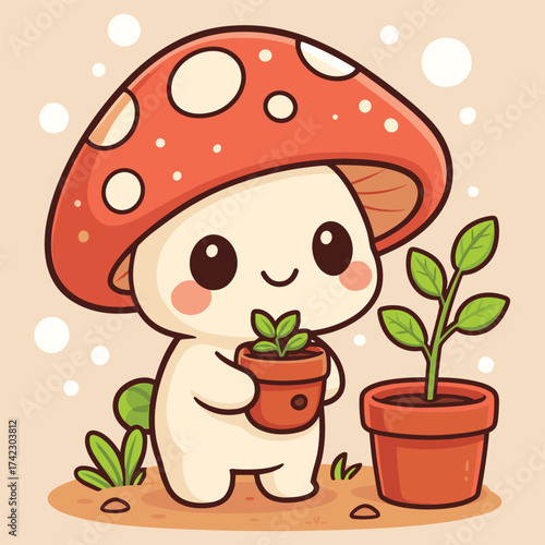Cute mushroom character holding plant pot cartoon illustration for kids learning about nature and plants
