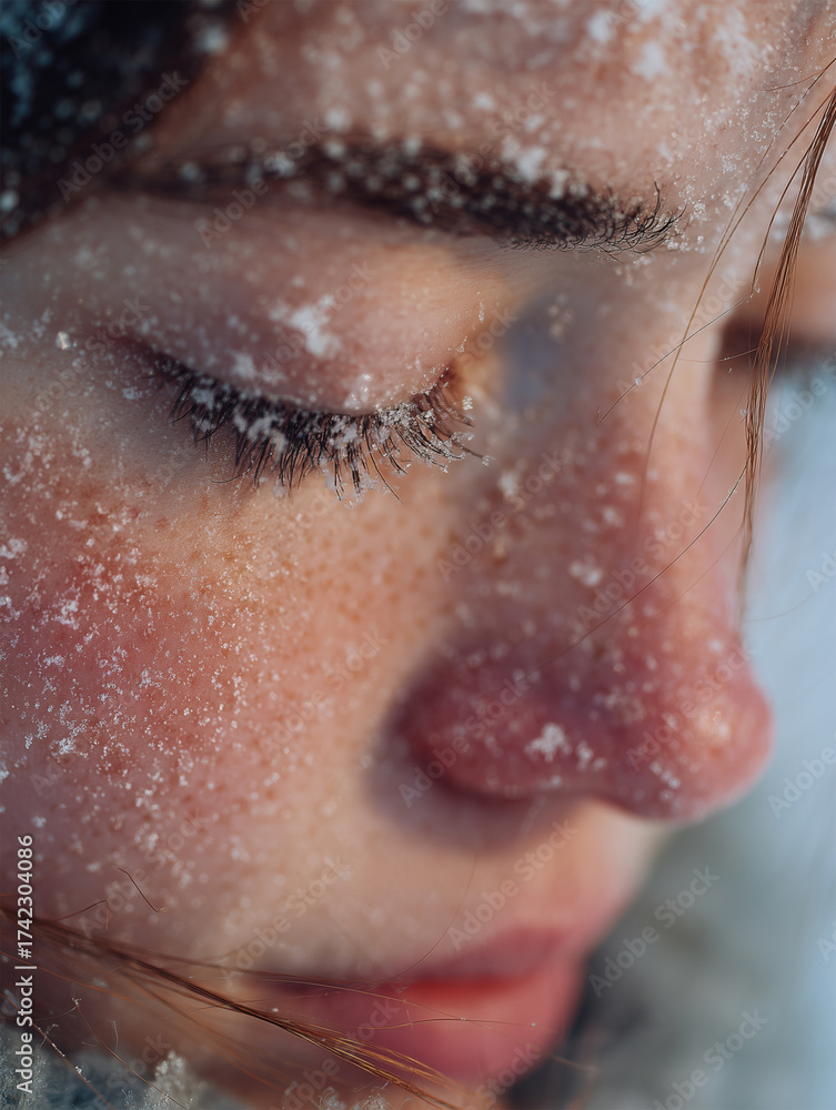 Fototapeta premium A young woman stands in a tranquil snowy landscape, illuminated by the gentle soft glow of winter. Delicate snowflakes gracefully fall, landing on her eyelashes, creating a serene moment on this peace