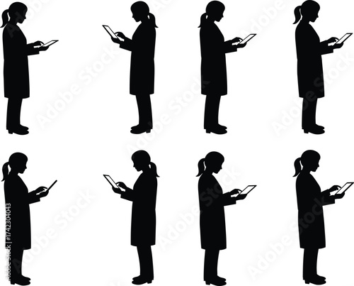 Lab coat professional, tablet usage, silhouette illustration, healthcare technology, digital workflow, standing pose, data entry, medical device, research scene, tech interaction