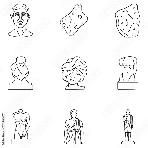 Collection of ancient sculptures and artifacts black and white outlines drawing