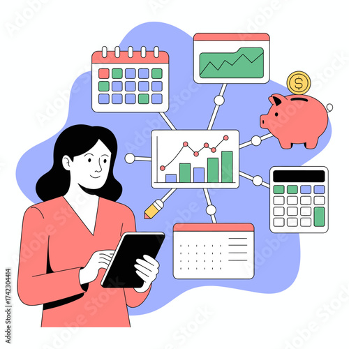 Illustration of a woman uses a tablet surrounded by icons representing finance, planning, and investment isolated on white background