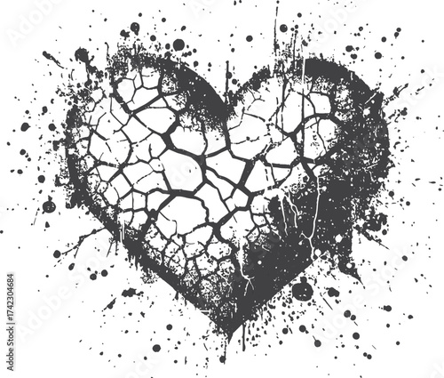  A bold, monochrome heart shape appears cracked and splattered with ink, creating a gritty, urban look. Perfect for themes of heartbreak, resilience, and artistic expression in posters