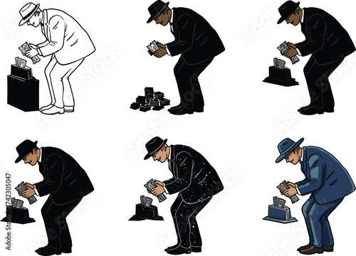 Man counting money illustrations, six variations, cash register scenes, suit and hat, cash piles, stylized financial actions, vintage character set