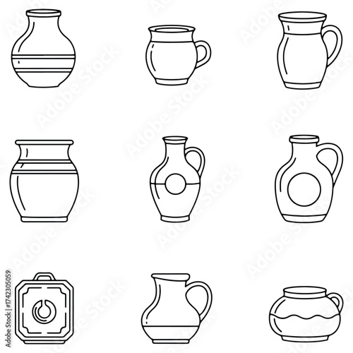 Collection of simple line art drawings of antique pottery vessels