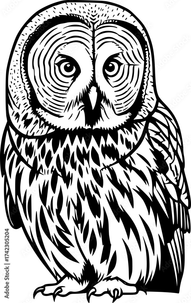 Obraz premium Grey Owl monochrome black ink, vector, isolated on white background