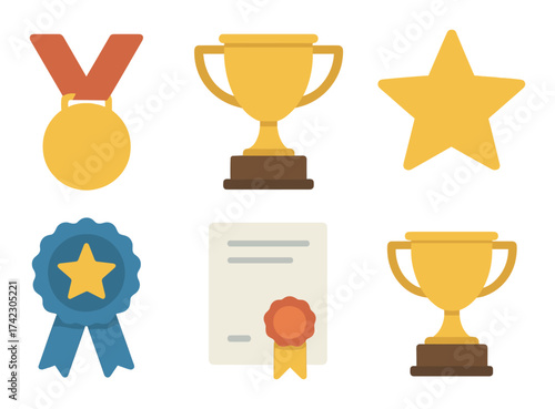 Award icons: medals, trophy, star, badge, certificate illustrations