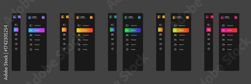 Modern and minimalistic dashboard menu interface design set. Clean user interface (UI) with sidebar navigation, icons, and menu items for managing admin panels. Suitable for UX/UI projects.