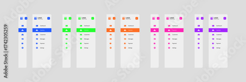 Modern and minimalistic dashboard menu interface design set. Clean user interface (UI) with sidebar navigation, icons, and menu items for managing admin panels. Suitable for UX/UI projects.